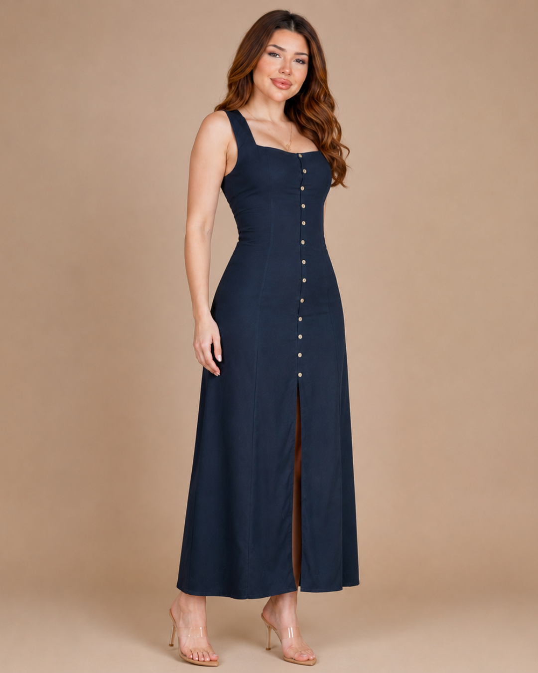 Vestido Comprido com BotÔes e Abertura Frontal