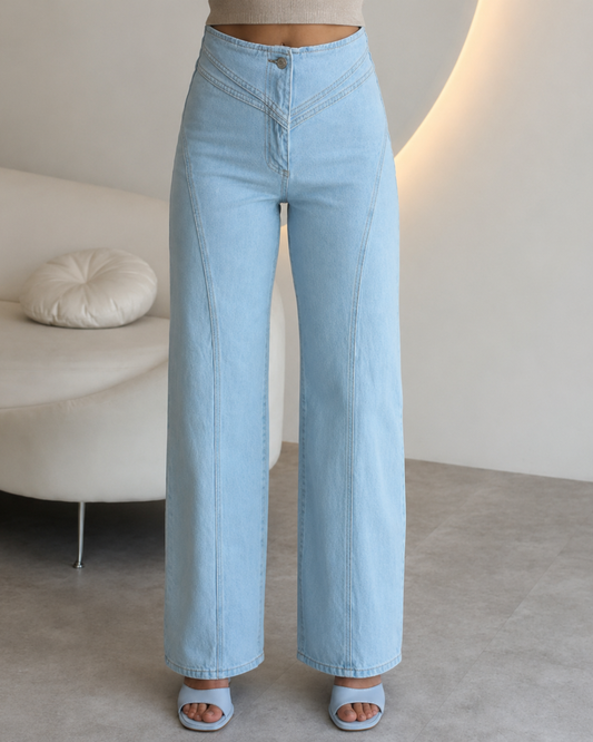 Calças Denim de Perna Larga e Cintura Subida