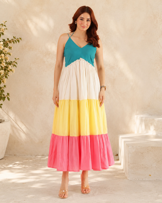 Vestido Midi de Alças com Design em Blocos