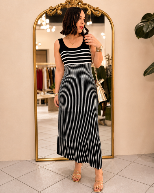 Vestido Comprido de Malha com Padrão de Linhas