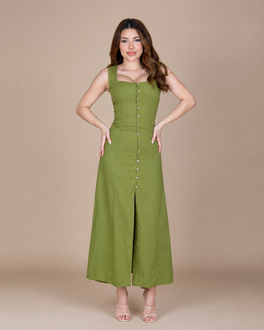 Vestido Comprido com Botões e Abertura Frontal