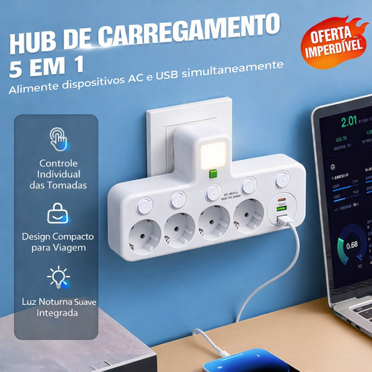 Tomada Adaptadora Múltipla com Interruptores Independentes e Luz Noturna