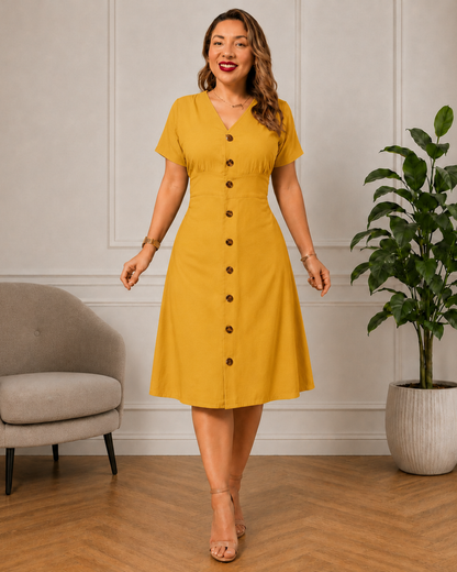 Vestido com botões e corte evasê