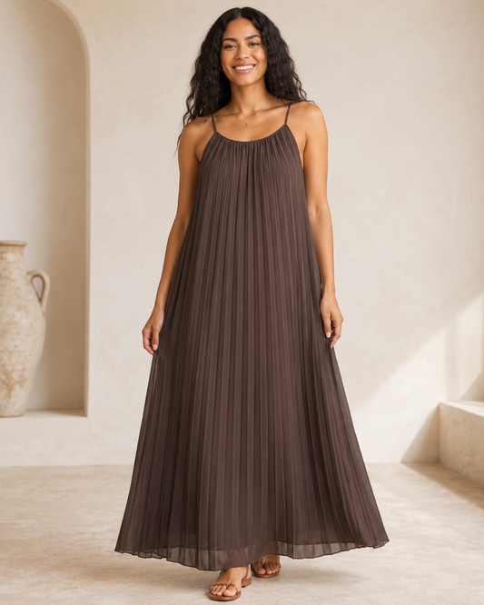 Vestido Comprido Plissado com Alças Finas