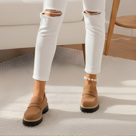 Mocassim com salto em bloco e plataforma de estabilidade para mulher