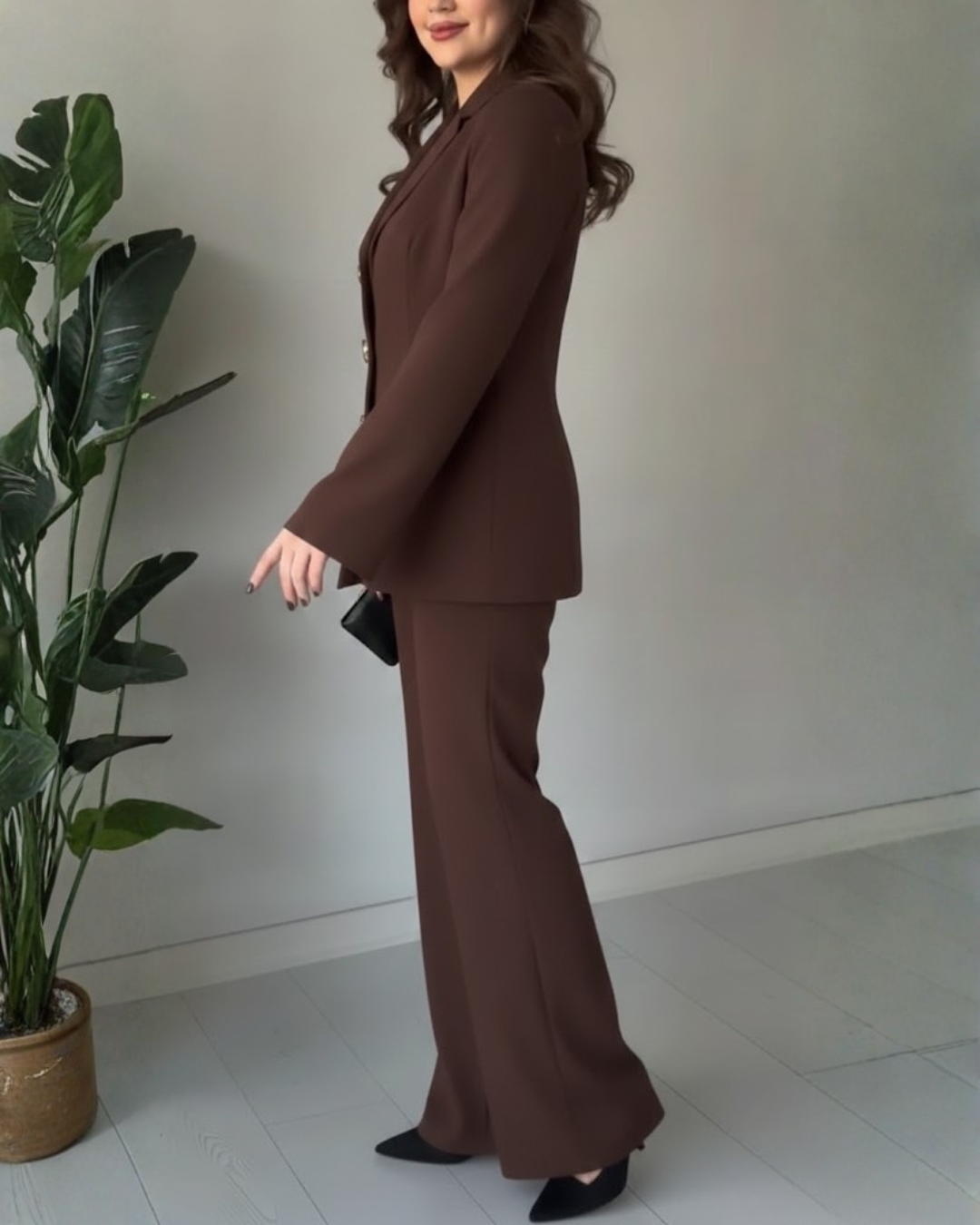 Conjunto de casaco e calças para mulher