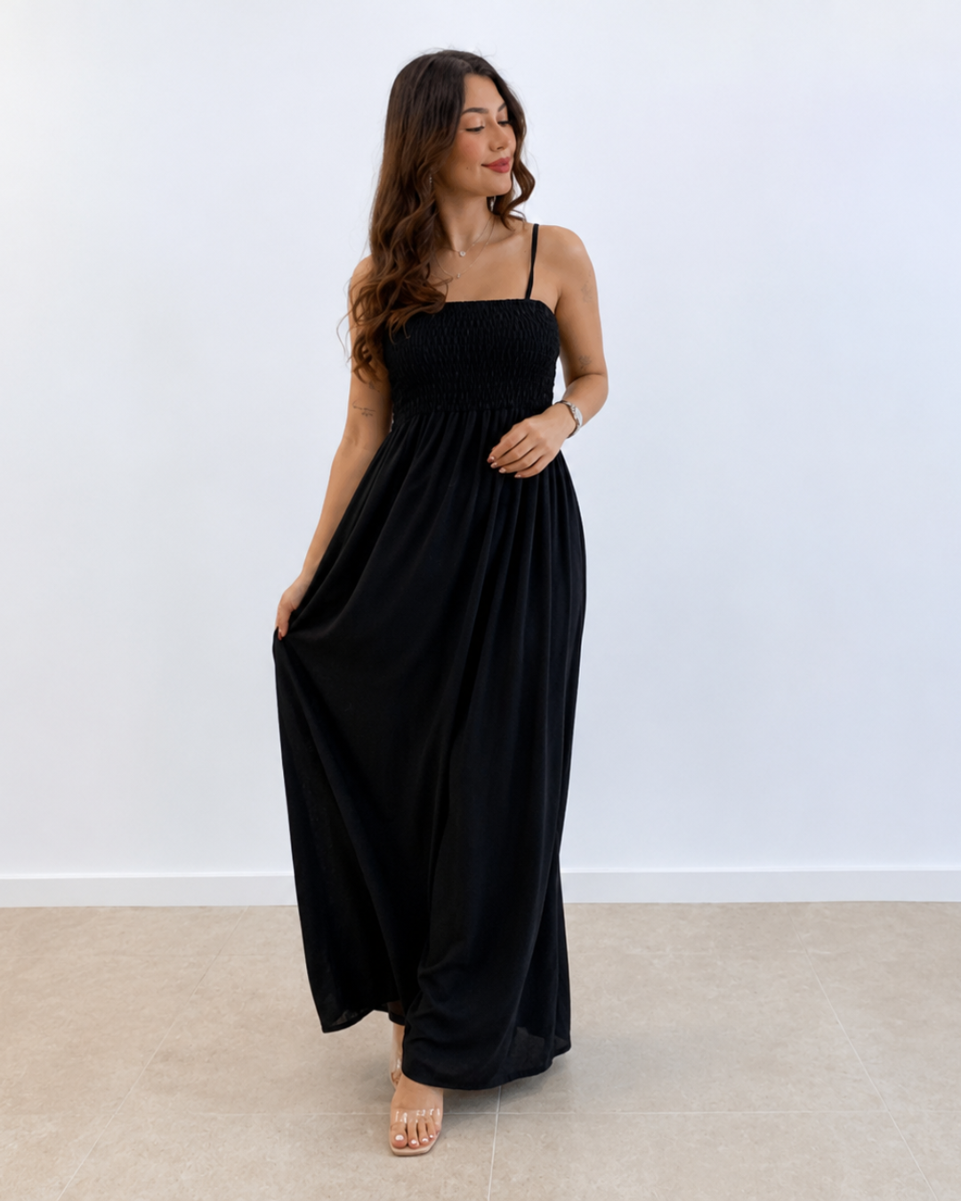 Vestido Comprido de Alças com Corpete Franzido