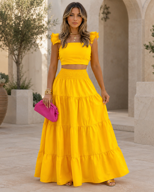 Conjunto de Top e Saia Comprida com Folhos