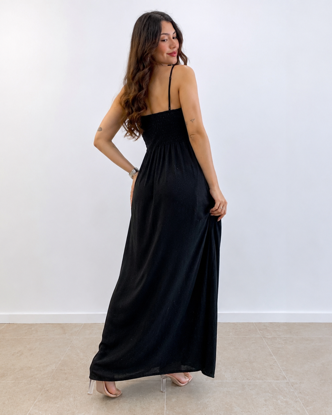 Vestido Comprido de Alças com Corpete Franzido