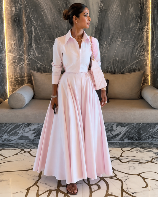 Vestido Camiseiro Comprido com Saia Plissada