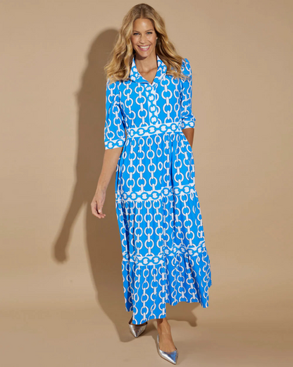 Vestido comprido de manga curta com estampado de correntes