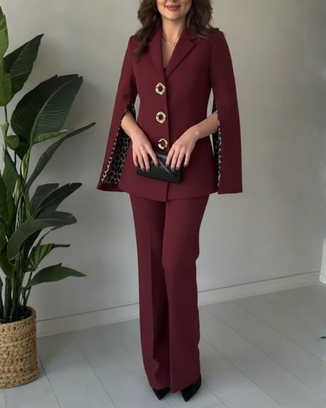 Conjunto de casaco e calças para mulher