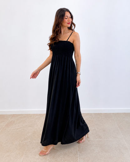 Vestido Comprido de Alças com Corpete Franzido