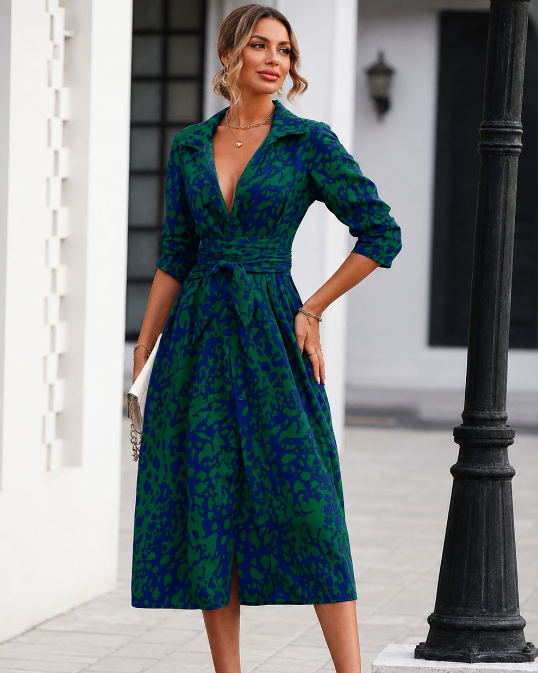 Vestido Midi Estampado Estilo Camiseiro
