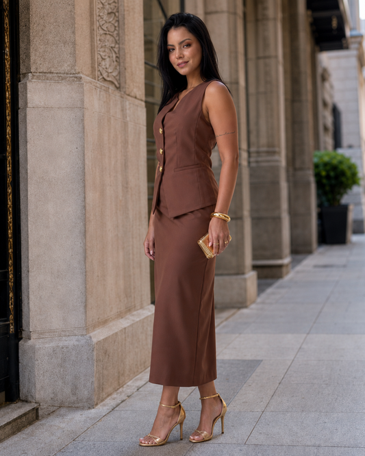 Conjunto Elegante com Colete e Saia