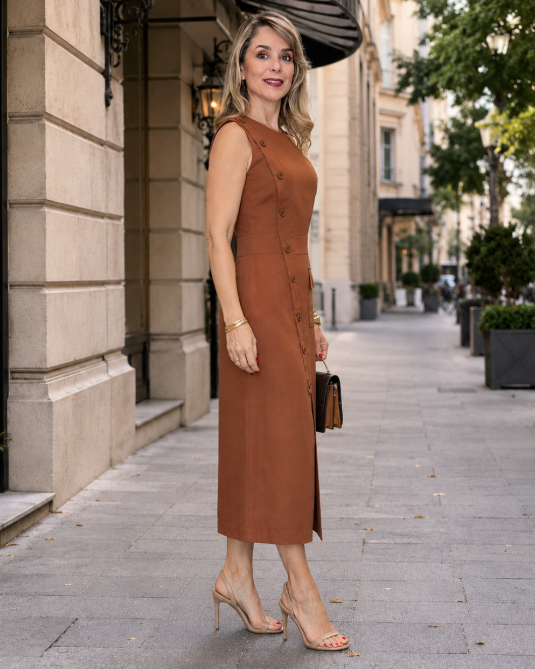 Vestido Midi com Botões Laterais