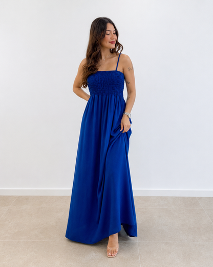 Vestido Comprido de Alças com Corpete Franzido