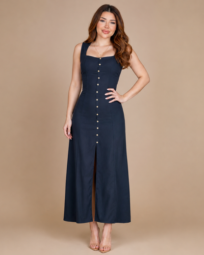 Vestido Comprido com Botões e Abertura Frontal
