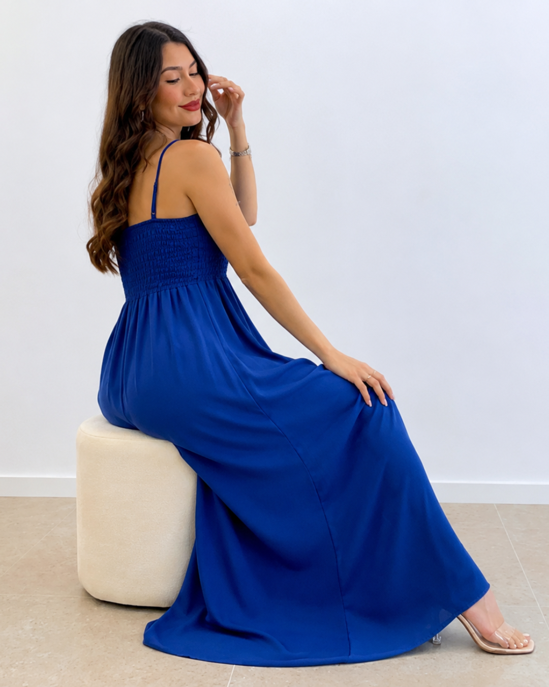 Vestido Comprido de Alças com Corpete Franzido