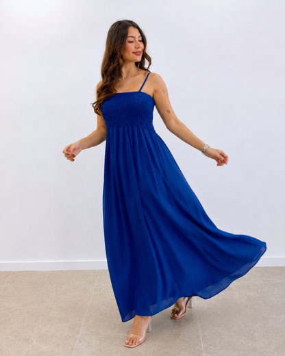 Vestido Comprido de Alças com Corpete Franzido